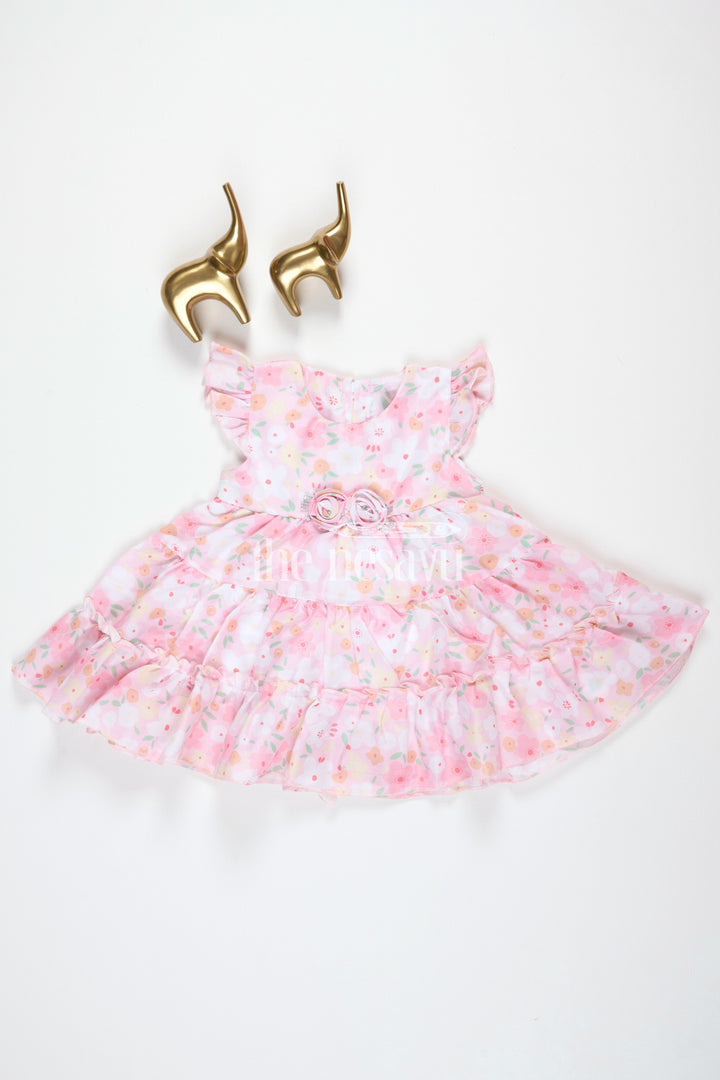 Baby Girls Pink Floral Frock with Tiered Skirt and Bow Accent for Casual Outings