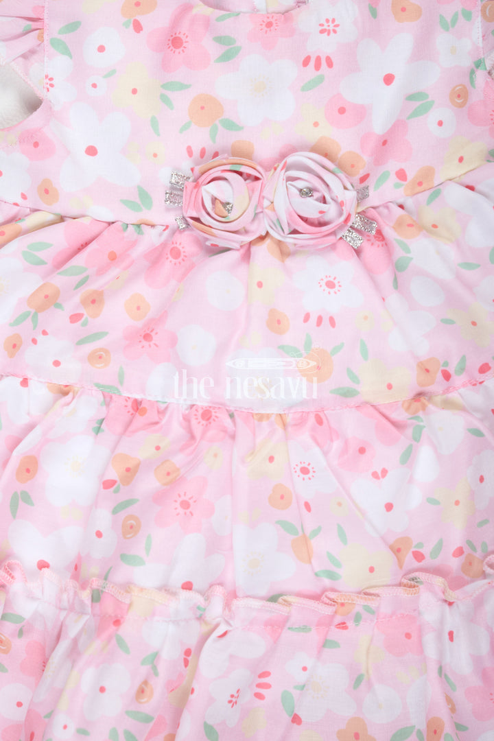 Baby Girls Pink Floral Frock with Tiered Skirt and Bow Accent for Casual Outings