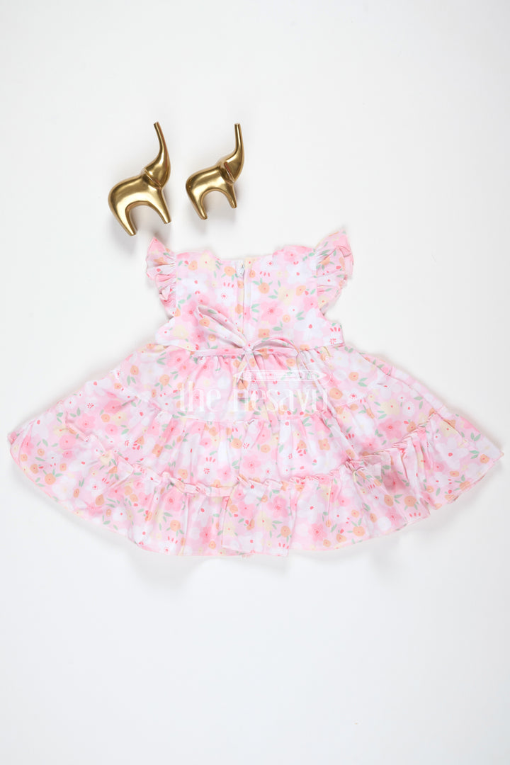 Baby Girls Pink Floral Frock with Tiered Skirt and Bow Accent for Casual Outings