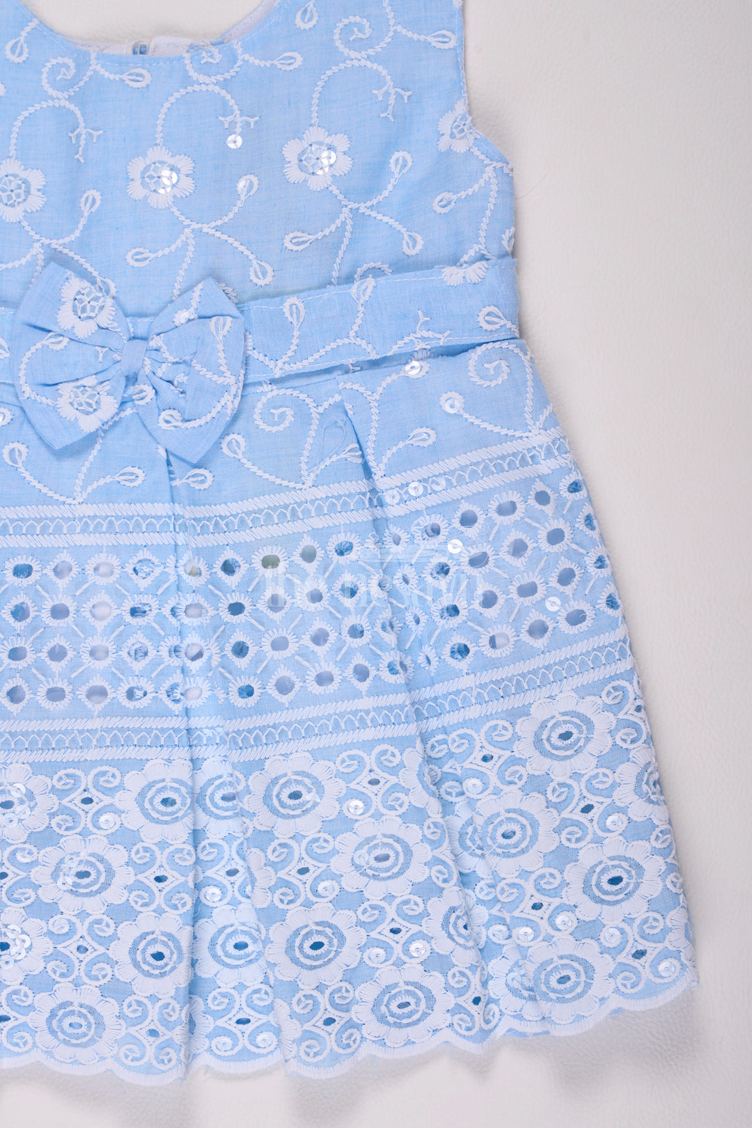 Girls Sky Blue Cotton Embroidered Frock with Bow Detail for Special Occasions