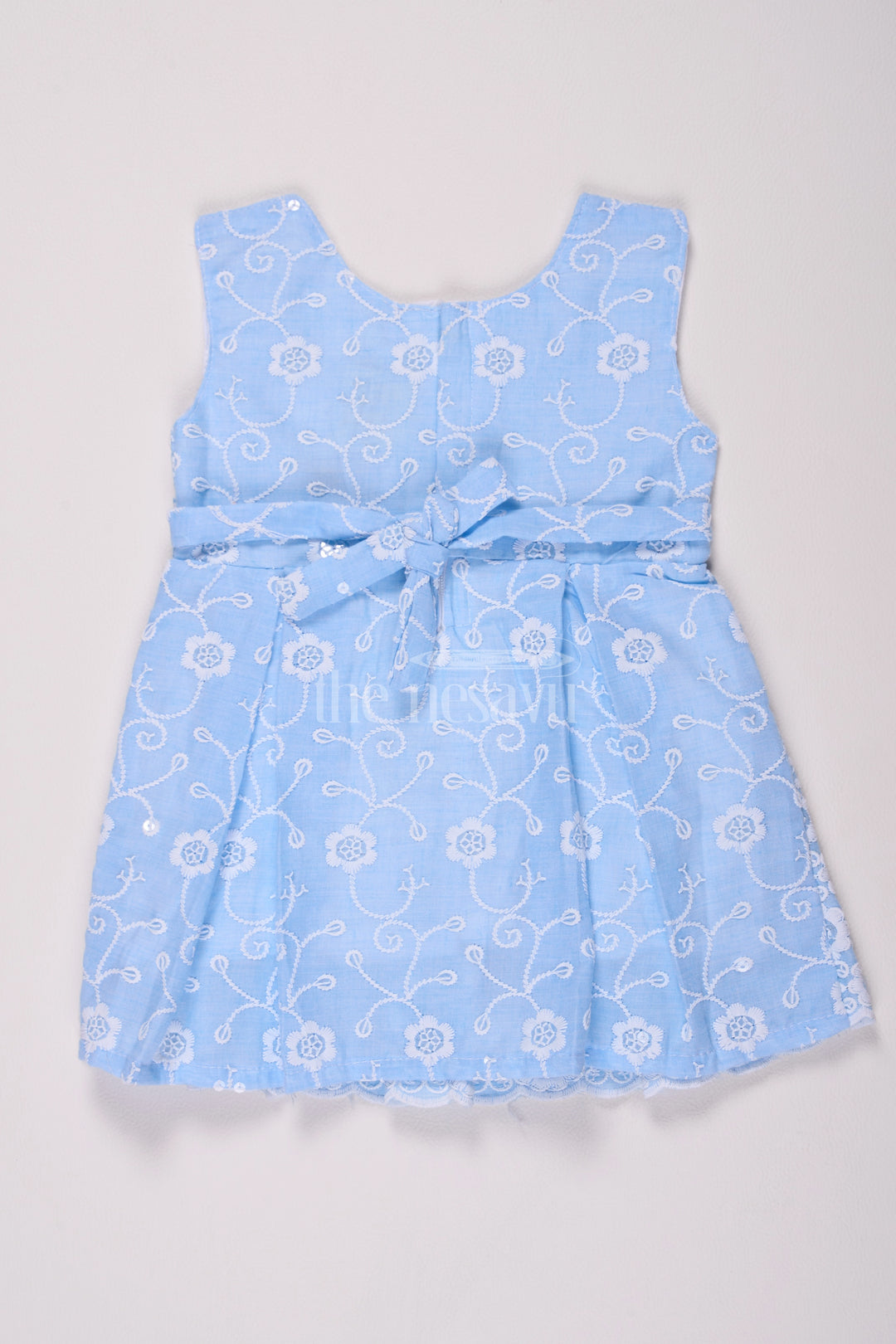 Girls Sky Blue Cotton Embroidered Frock with Bow Detail for Special Occasions