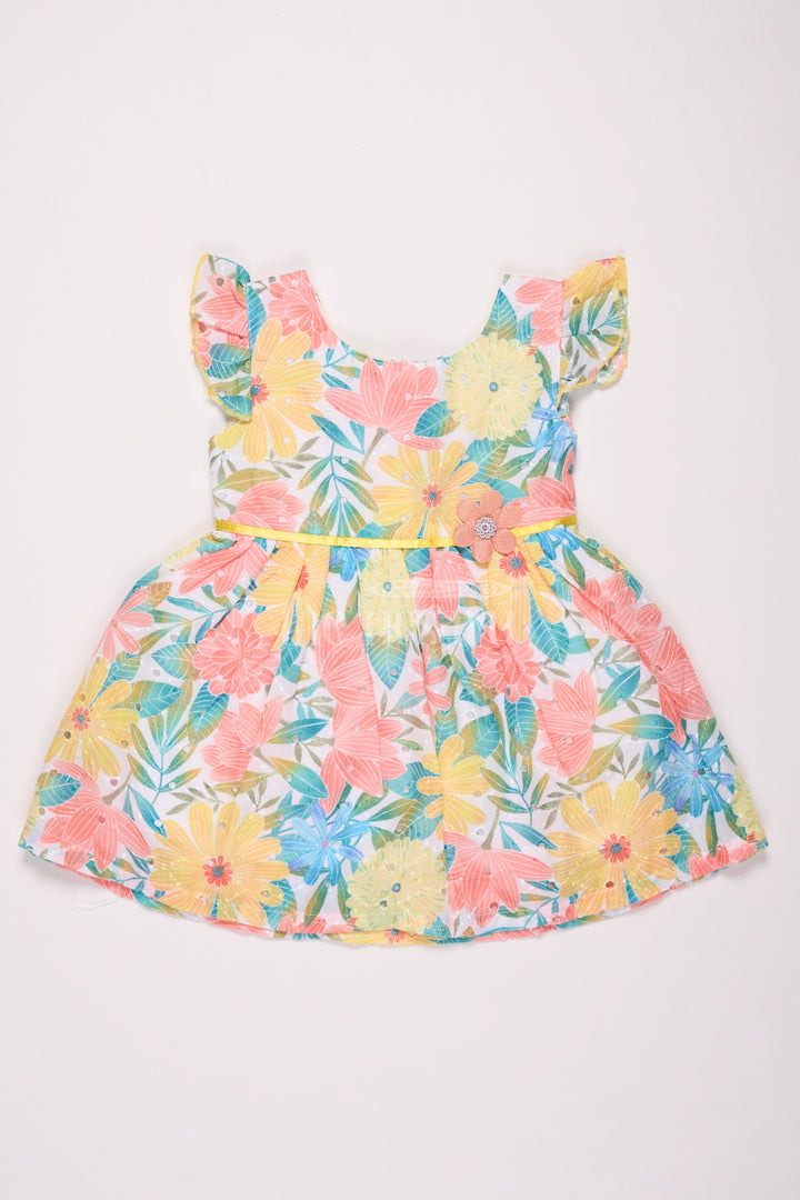 Girls Multicolor Cotton Frock with Flutter Sleeves and Yellow Floral Waistband for Summer Fun