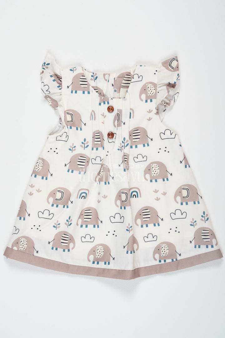 Brown Elephant Print Baby Cotton Mini Dress with Ruffled Sleeves for Girls