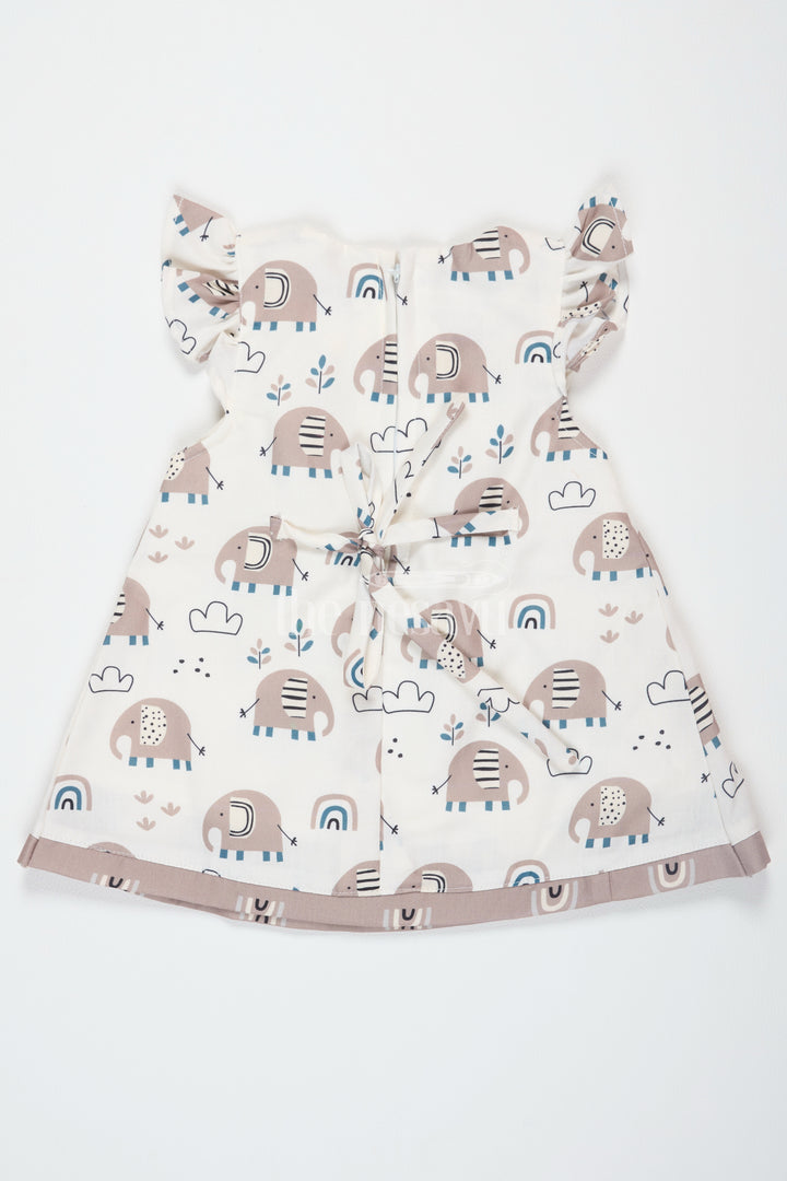 Brown Elephant Print Baby Cotton Mini Dress with Ruffled Sleeves for Girls