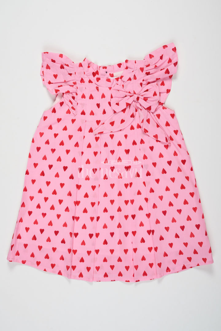 Pure Cotton Baby Dresses Frocks for Girls in Pink with Flutter Sleeves and Heart Print