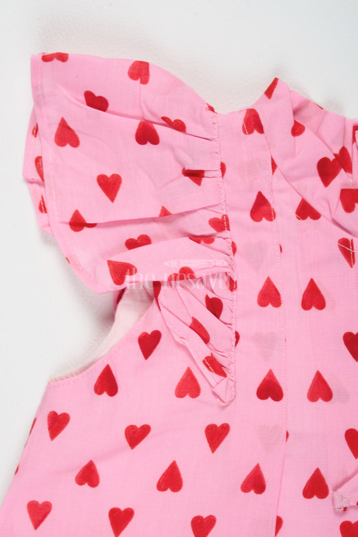 Pure Cotton Baby Dresses Frocks for Girls in Pink with Flutter Sleeves and Heart Print