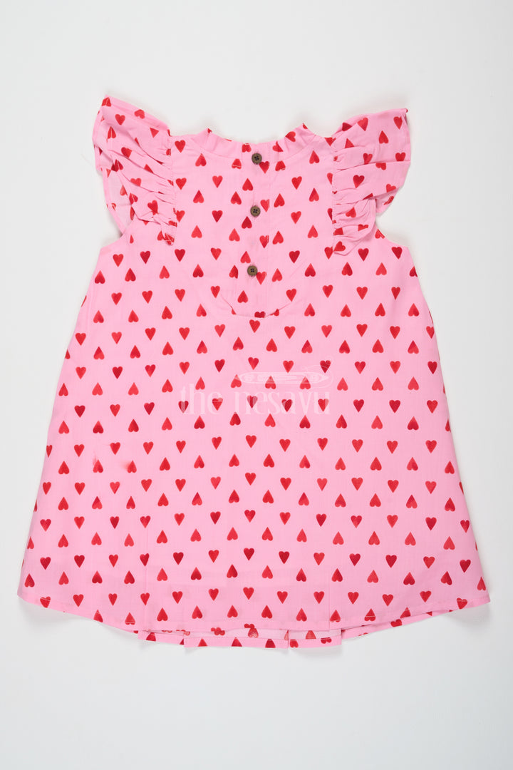 Pure Cotton Baby Dresses Frocks for Girls in Pink with Flutter Sleeves and Heart Print