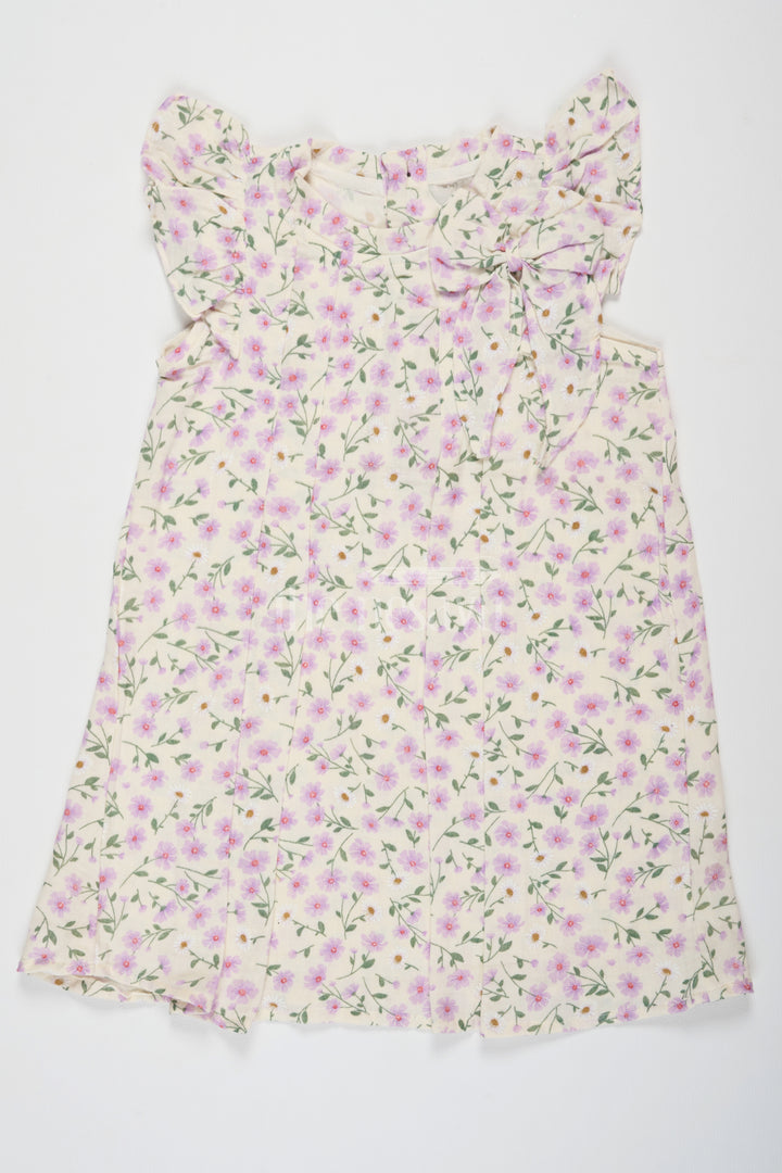 Floral Print Cotton Full Frock with Ruffle Sleeves, Double Cloth Muslin Girls Dress for Summer Gatherings