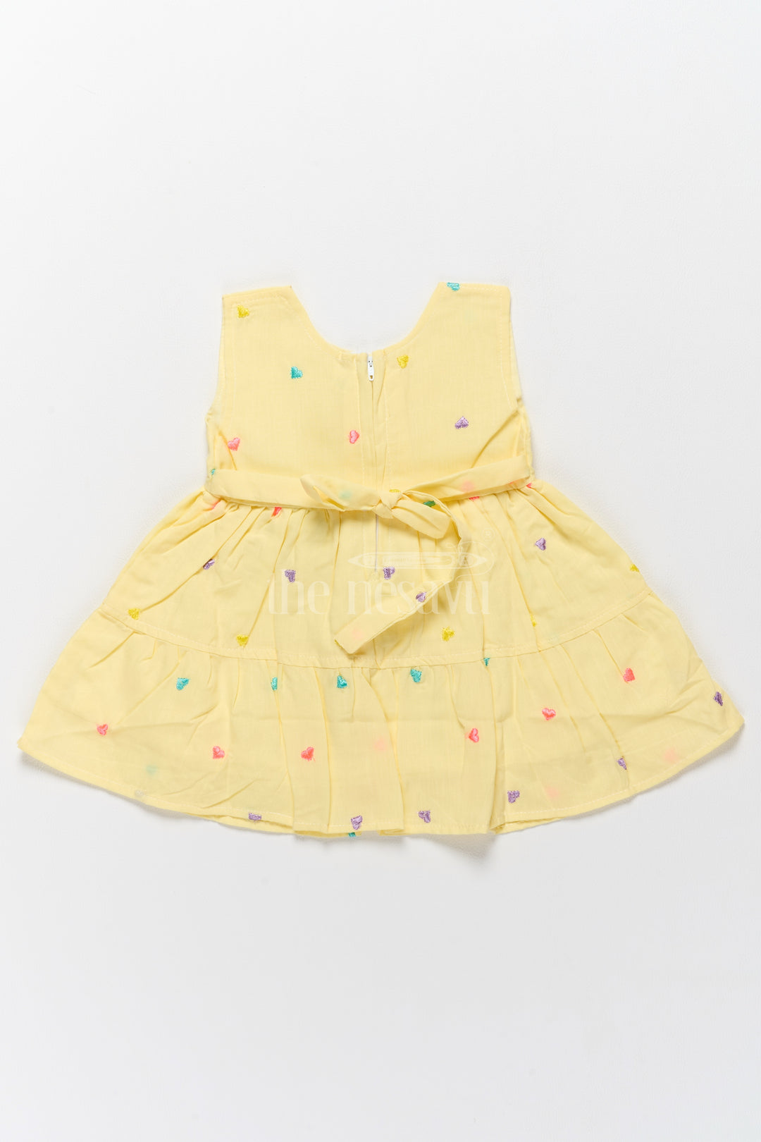 Baby Cotton Yellow Short Frock with Colorful Heart Embroidery and Flower Detail