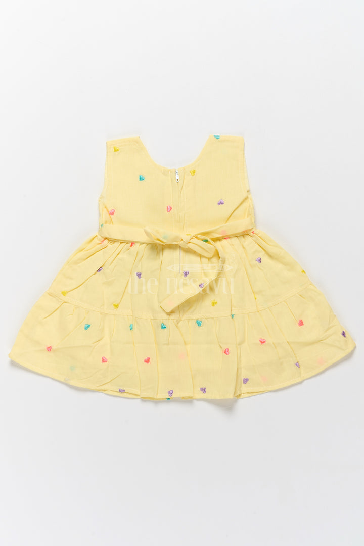 Baby Cotton Yellow Short Frock with Colorful Heart Embroidery and Flower Detail