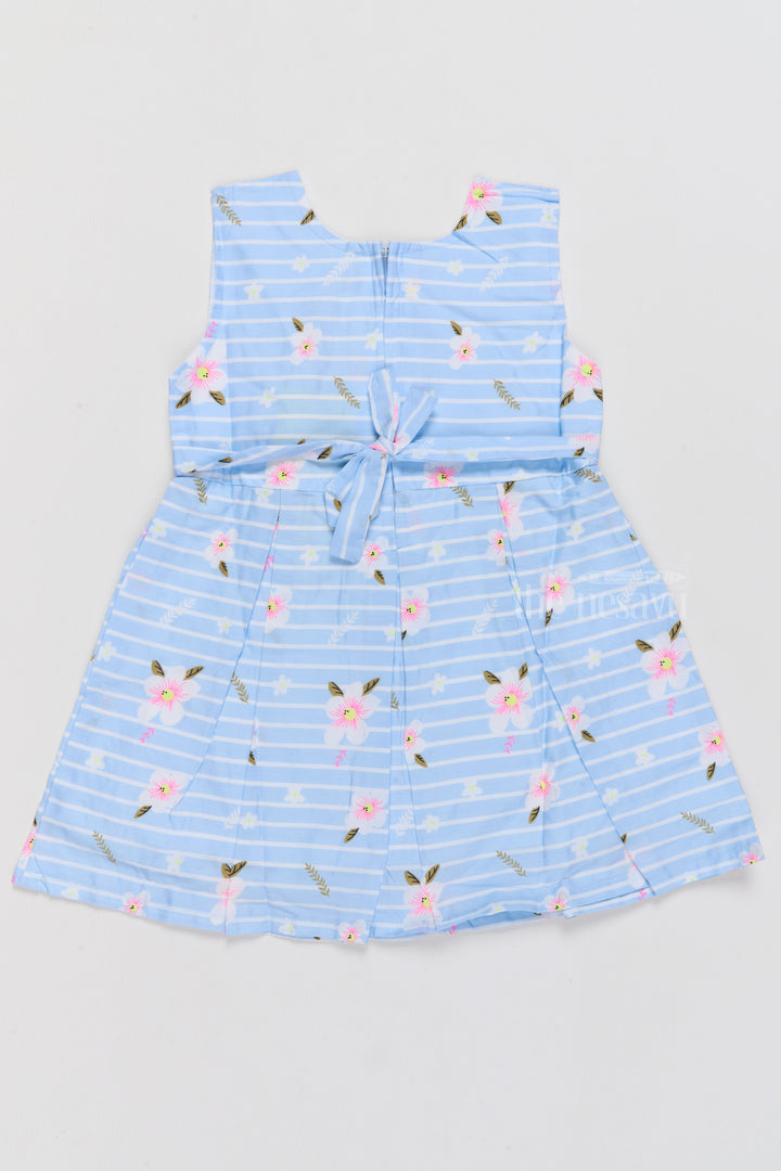 Soft Cotton Dress for Baby Girls with Blue Stripes and Floral Details