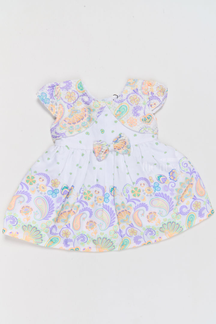 Cotton Knee-Length Frock for Girls with Paisley Prints and Charming Bow