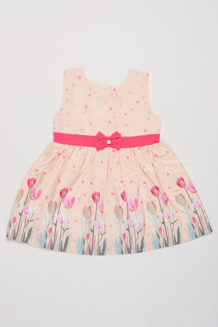 Daily Wear Cotton Dress for Girls with Tulip Prints and Decorative Bow