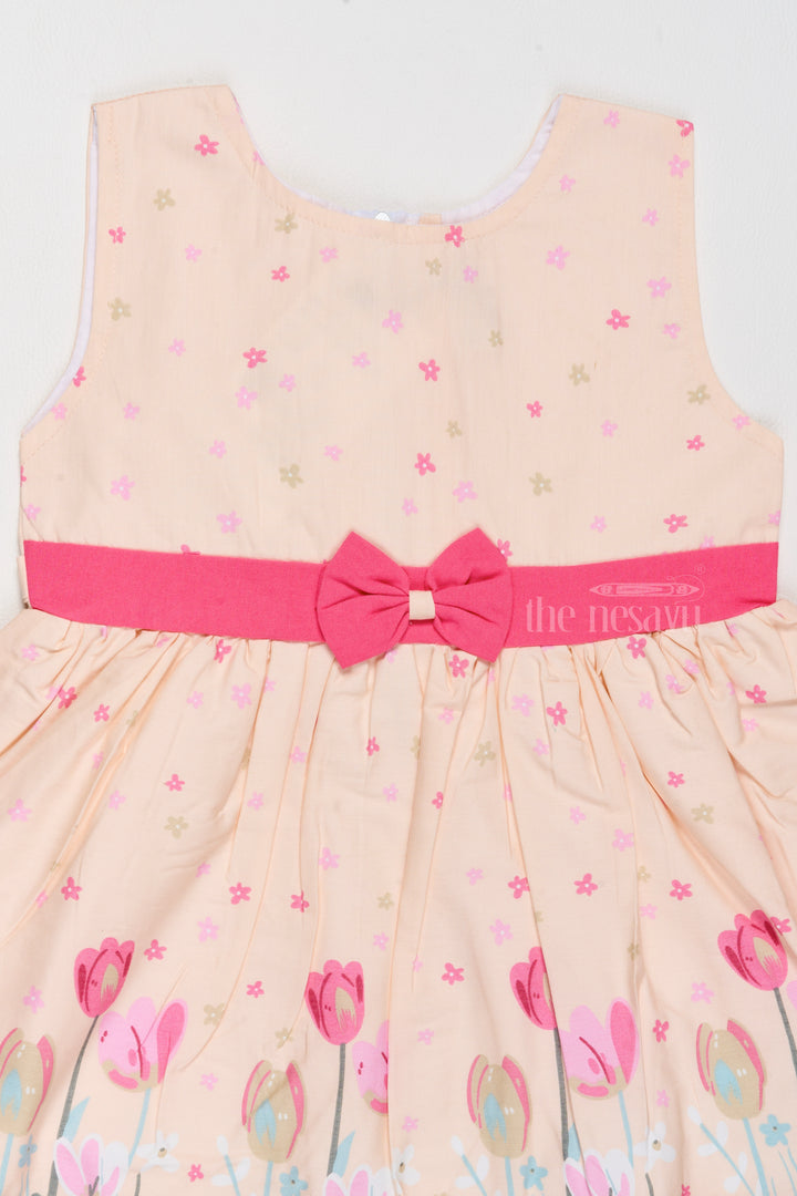 Daily Wear Cotton Dress for Girls with Tulip Prints and Decorative Bow