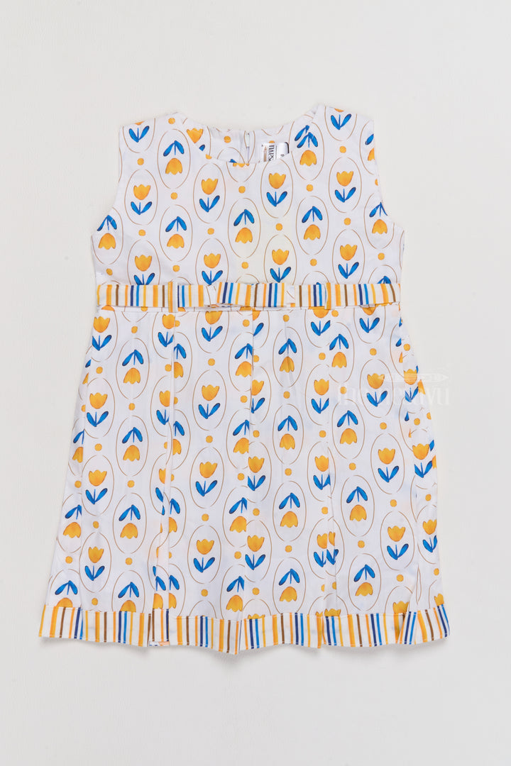 Simple Cotton Frocks for Infants with Yellow Tulip Print and Striped Waistband