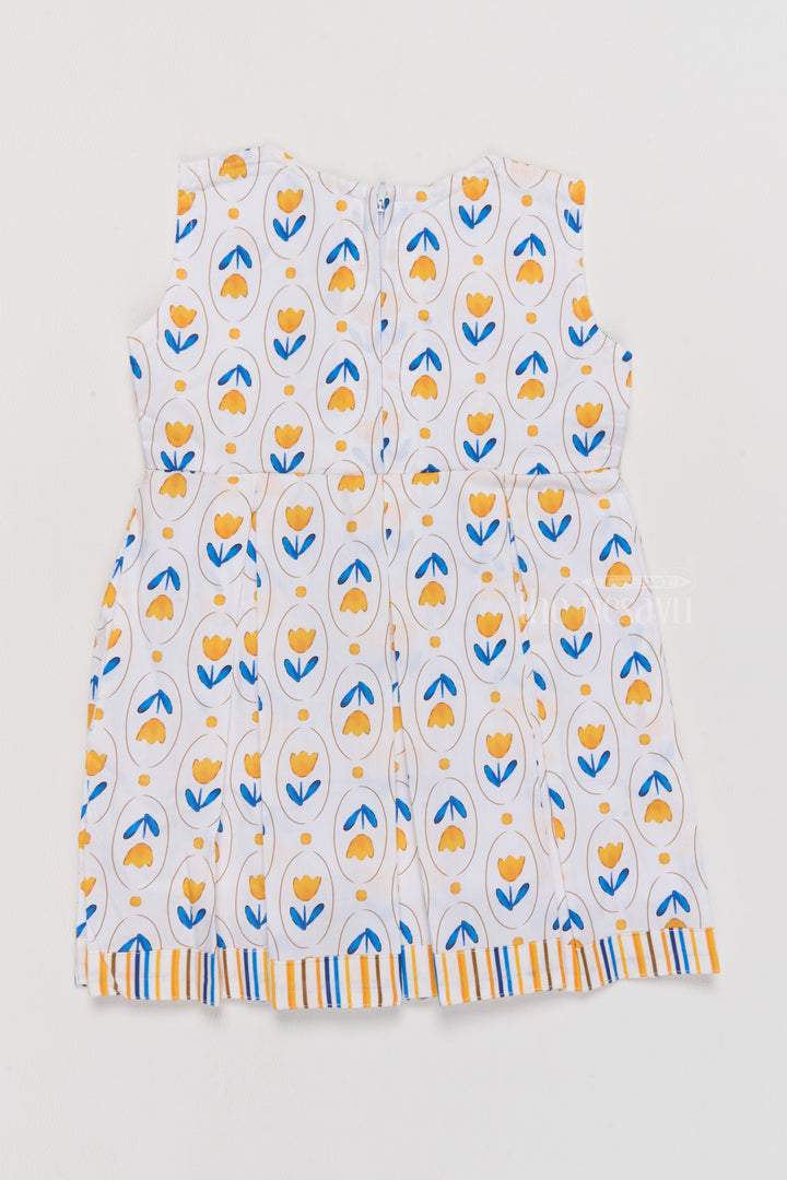 Simple Cotton Frocks for Infants with Yellow Tulip Print and Striped Waistband