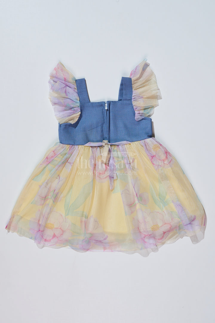 Baby Girls Super Soft Net Digital Printed Casual Frock with Ruffled Sleeves and Contrast Bodice