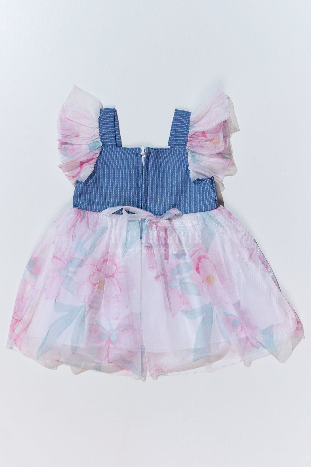 Baby Girls Super Soft Net Digital Printed Half Frock Dress with Ruffled Sleeves and Contrast Bodice