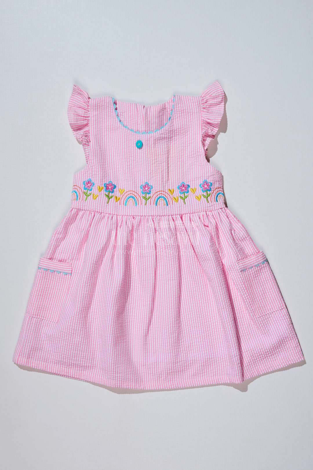 Baby Girls Pink Colour Frock in Seer Sucker Cotton with Embroidery and Ruffled Sleeves