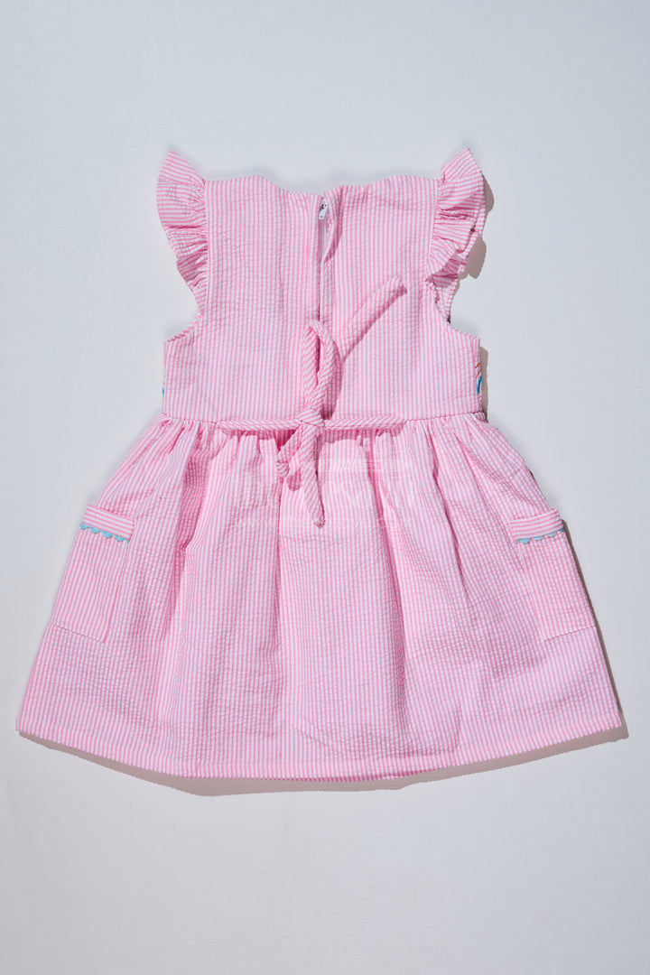 Baby Girls Pink Colour Frock in Seer Sucker Cotton with Embroidery and Ruffled Sleeves