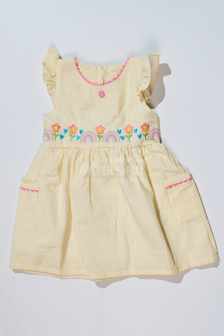 Baby Girls Cotton Yellow Frock in Seer Sucker Fabric with Embroidery and Pockets