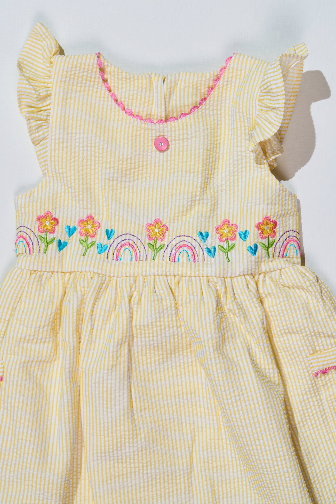 Baby Girls Cotton Yellow Frock in Seer Sucker Fabric with Embroidery and Pockets