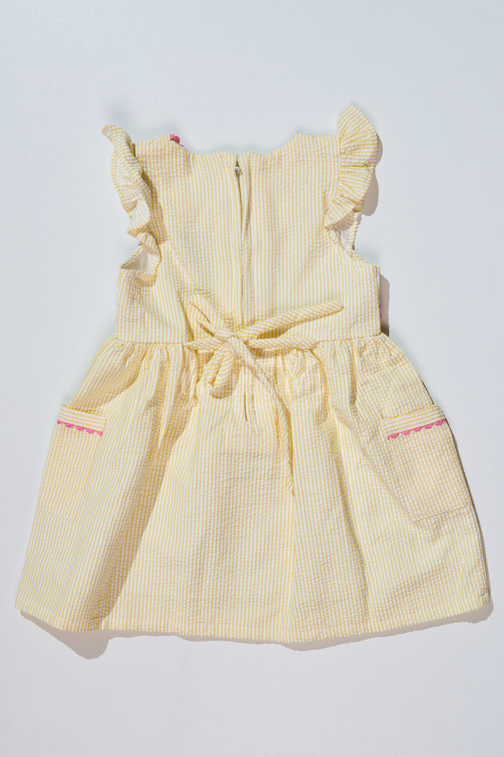 Baby Girls Cotton Yellow Frock in Seer Sucker Fabric with Embroidery and Pockets