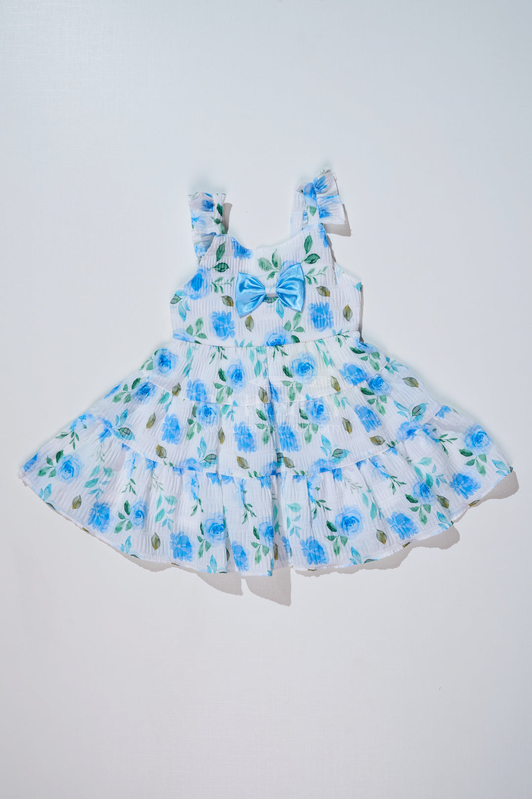 Baby Girls Floral Printed Frock in Blended Silk Popcorn Fabric with Bow Detail