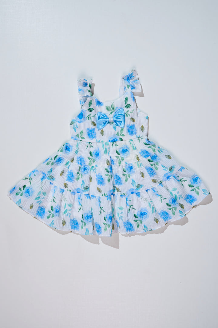 Baby Girls Floral Printed Frock in Blended Silk Popcorn Fabric with Bow Detail