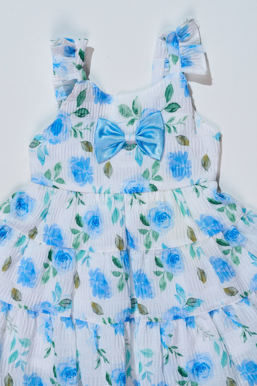 Baby Girls Floral Printed Frock in Blended Silk Popcorn Fabric with Bow Detail