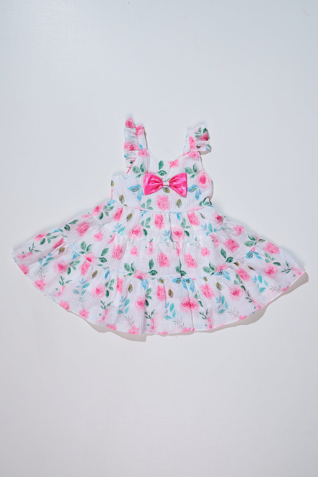 Baby Girls Frock for Birthday Party in Blended Silk Popcorn Fabric with Floral Print and Satin Bow