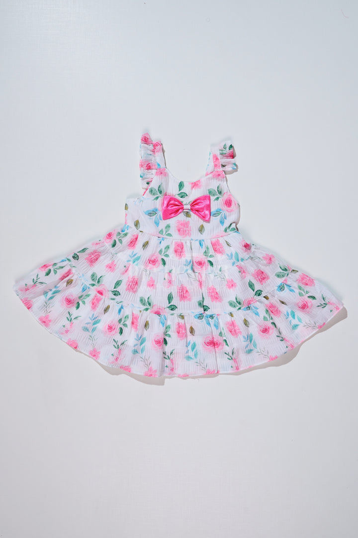 Baby Girls Frock for Birthday Party in Blended Silk Popcorn Fabric with Floral Print and Satin Bow