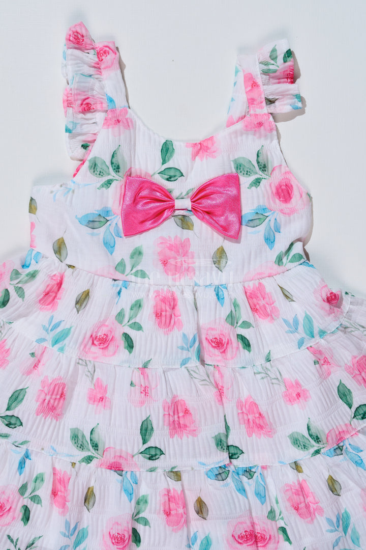 Baby Girls Frock for Birthday Party in Blended Silk Popcorn Fabric with Floral Print and Satin Bow