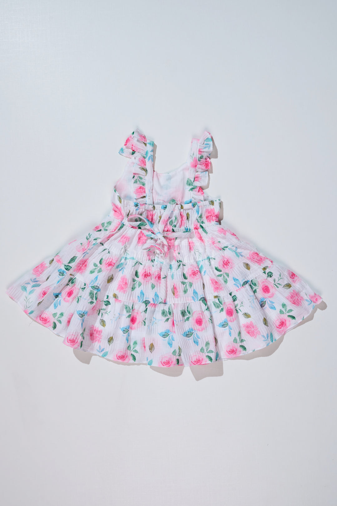 Baby Girls Frock for Birthday Party in Blended Silk Popcorn Fabric with Floral Print and Satin Bow