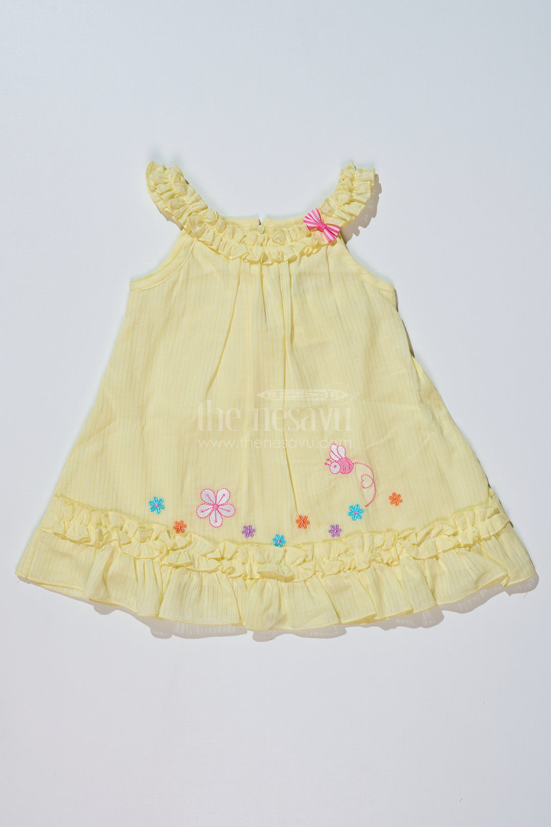 Baby Girls Yellow Cotton Frock with Floral Embroidery and Ruffled Straps for Everyday Wear