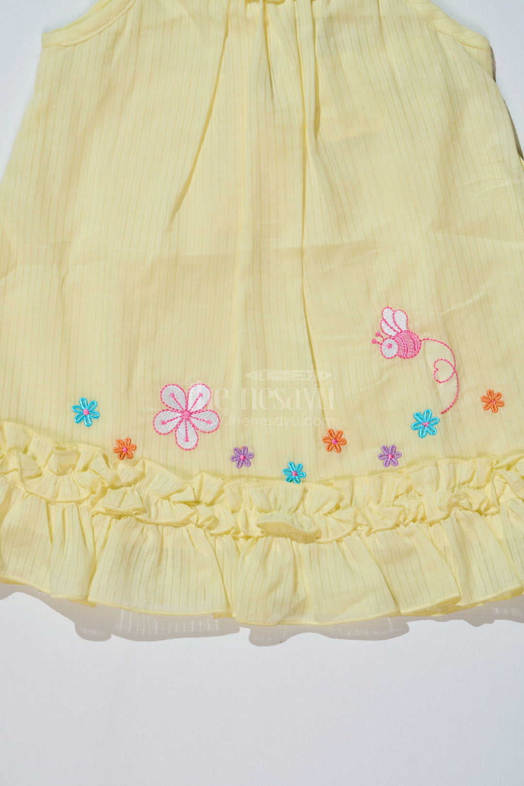 Baby Girls Yellow Cotton Frock with Floral Embroidery and Ruffled Straps for Everyday Wear