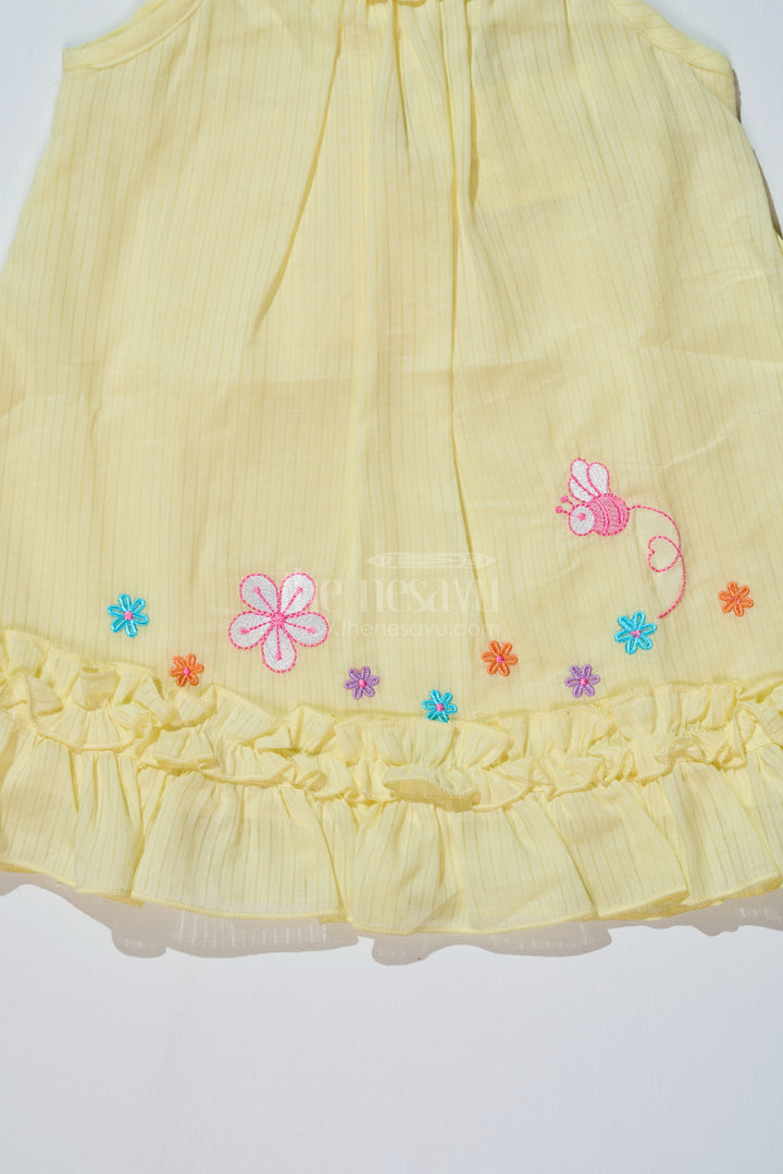 Baby Girls Yellow Cotton Frock with Floral Embroidery and Ruffled Straps for Everyday Wear