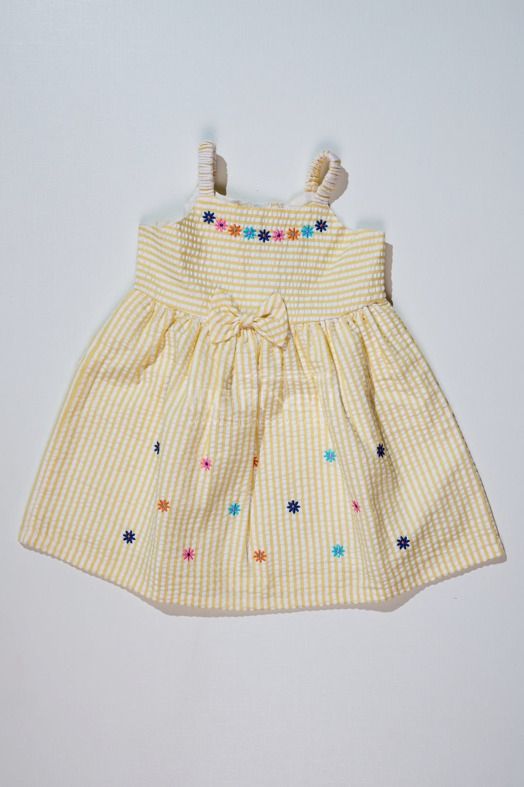 Baby Girls Lemon Yellow Dress in Seer Sucker Cotton with Floral Embroidery and Bow Detail