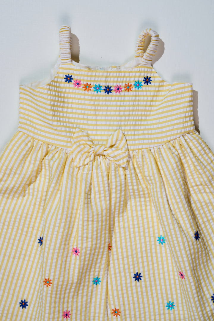 Baby Girls Lemon Yellow Dress in Seer Sucker Cotton with Floral Embroidery and Bow Detail