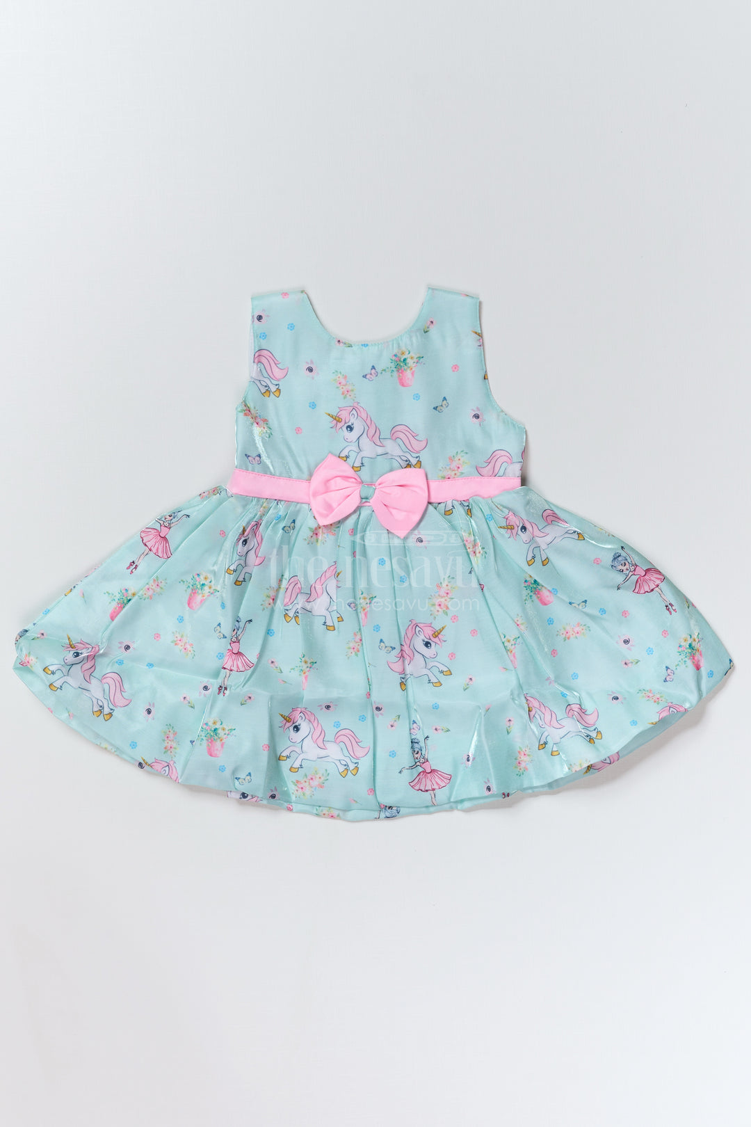 Fancy Party Wear for Baby Girls in Glaza Satin Organza with Unicorn Print and Bow Detail