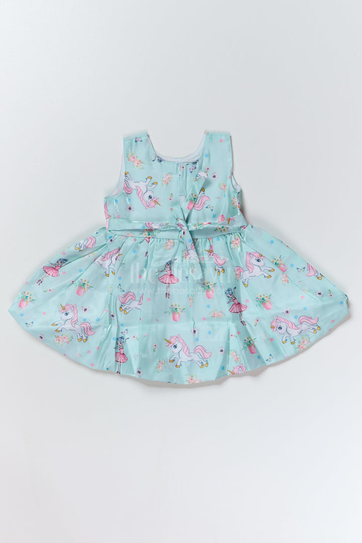 Fancy Party Wear for Baby Girls in Glaza Satin Organza with Unicorn Print and Bow Detail