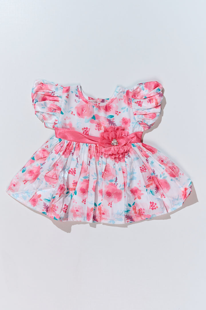 Floral Frock Dress for Baby Girls in Glaza Satin Organza with Puff Sleeves and Floral Appliqué