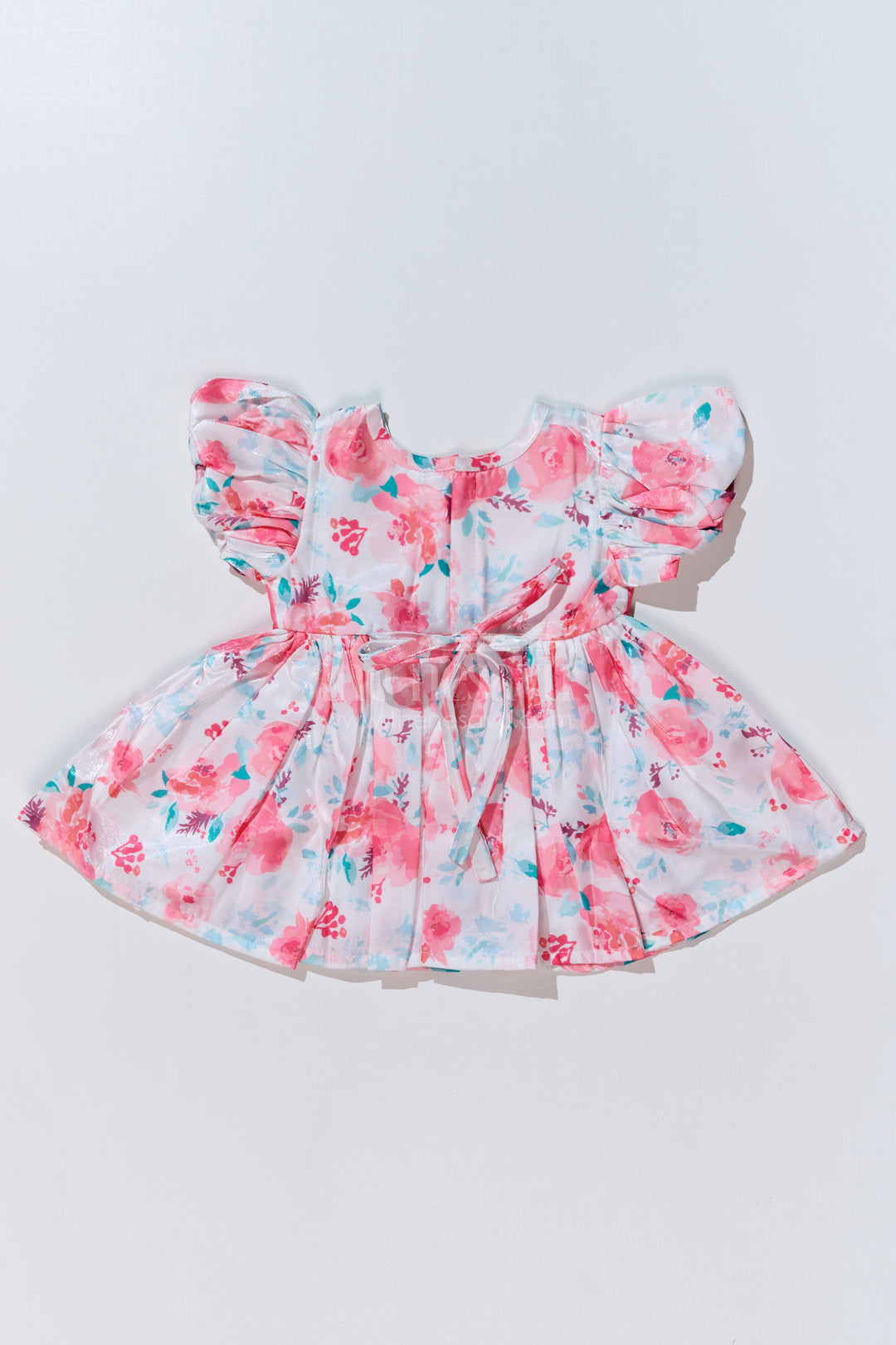 Floral Frock Dress for Baby Girls in Glaza Satin Organza with Puff Sleeves and Floral Appliqué