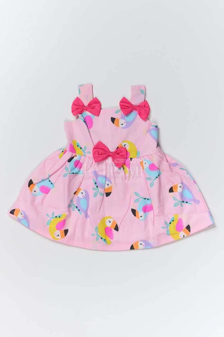 Adorable One Piece Short Dress for Baby Girls in Pure Cotton with Bird Print and Bow Details