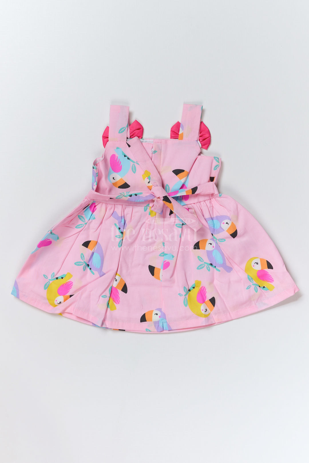 Adorable One Piece Short Dress for Baby Girls in Pure Cotton with Bird Print and Bow Details