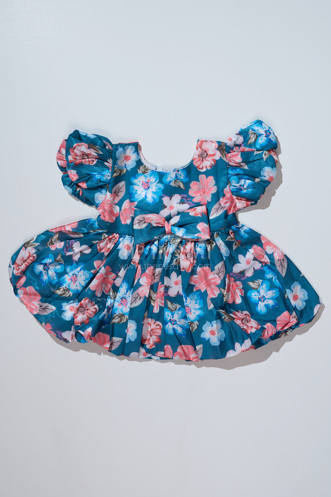 Elegant Organza Floral Frocks for Baby Girls in Glaza Satin with Puff Sleeves and Bow Detail