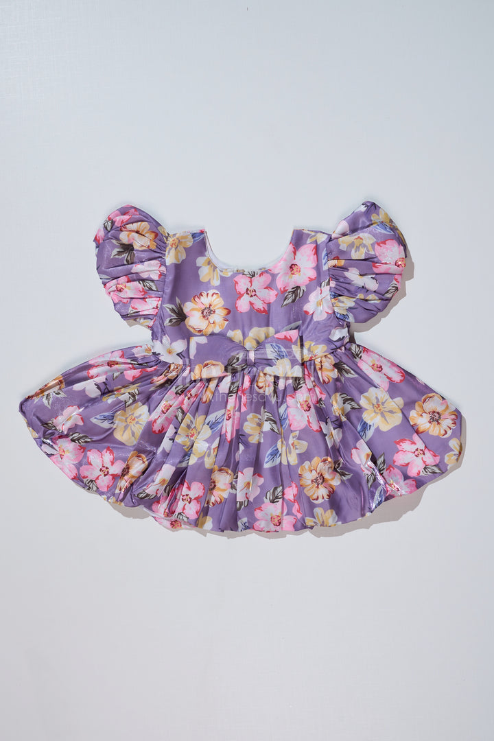 Stylish Knee Length Floral Frock for Baby Girls in Glaza Satin with Digital Print and Puff Sleeves