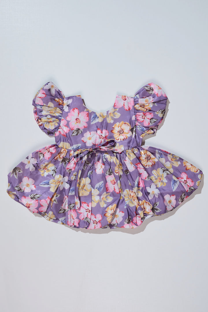 Stylish Knee Length Floral Frock for Baby Girls in Glaza Satin with Digital Print and Puff Sleeves