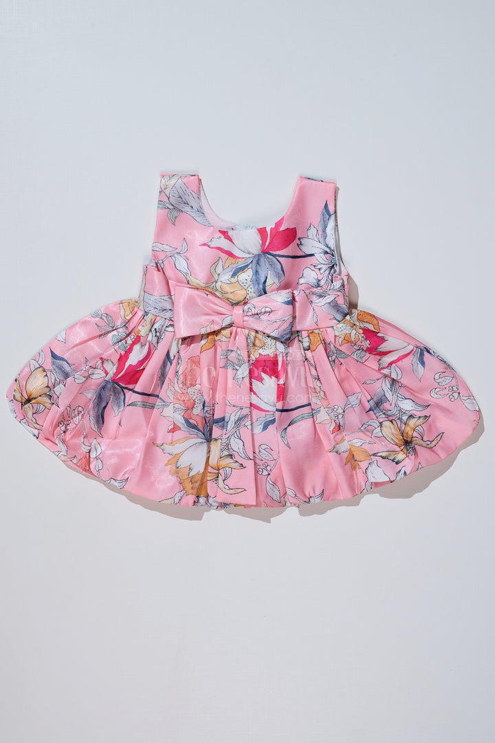 Floral Frock Knee Length for Baby Girls in Glaza Satin with Bow Waist Detail