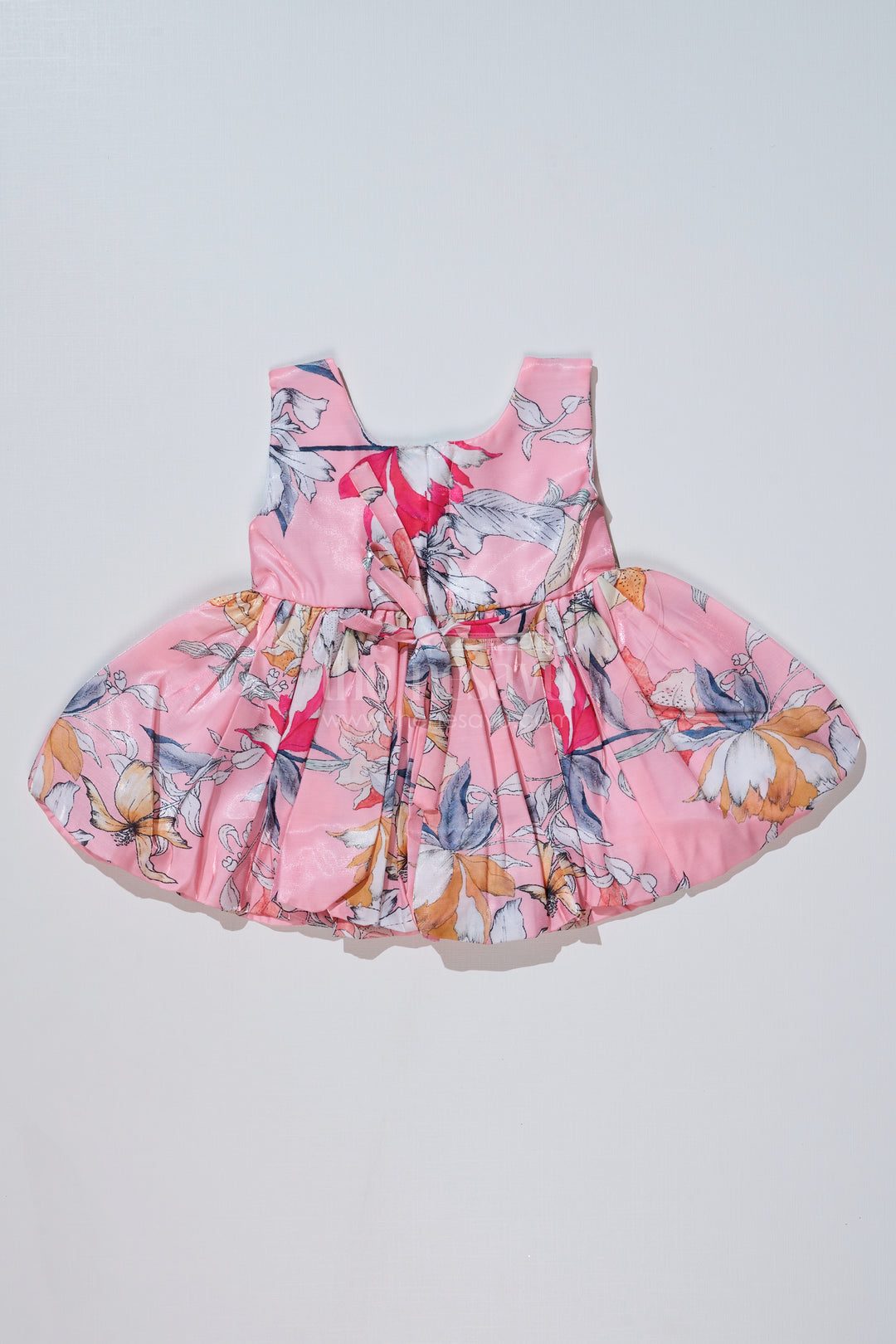 Floral Frock Knee Length for Baby Girls in Glaza Satin with Bow Waist Detail